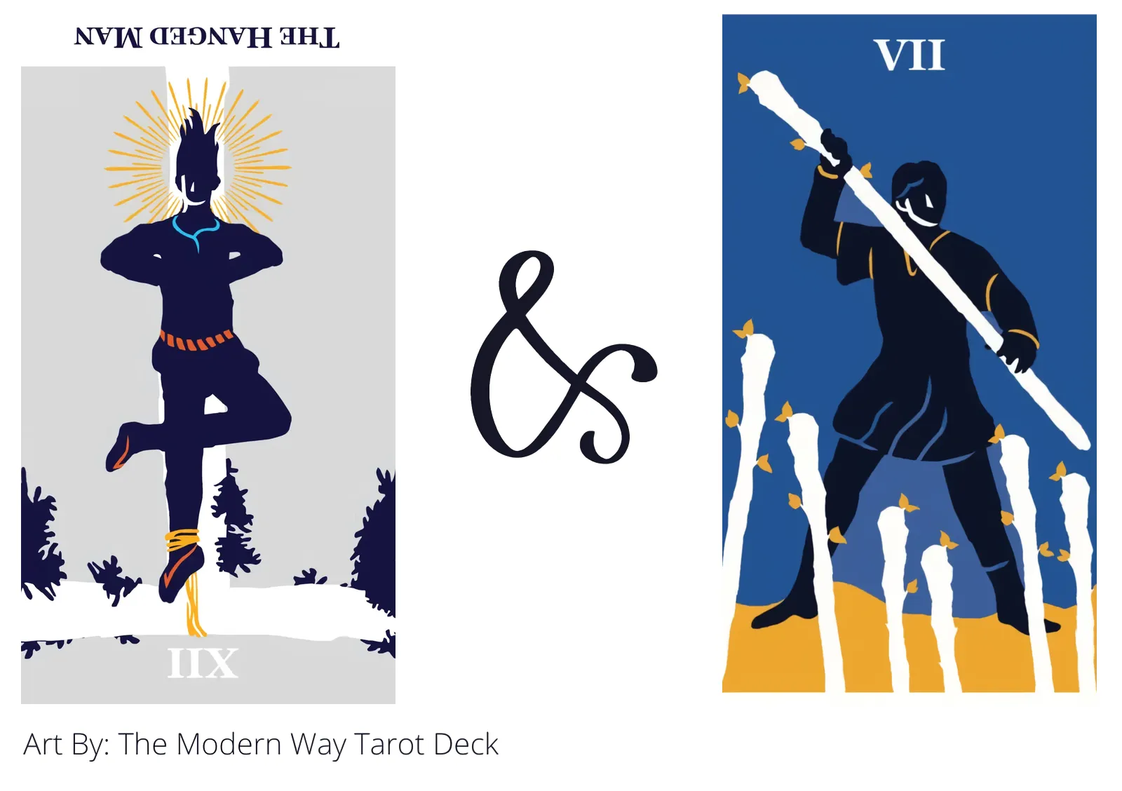 the hanged man reversed and seven of wands tarot cards together