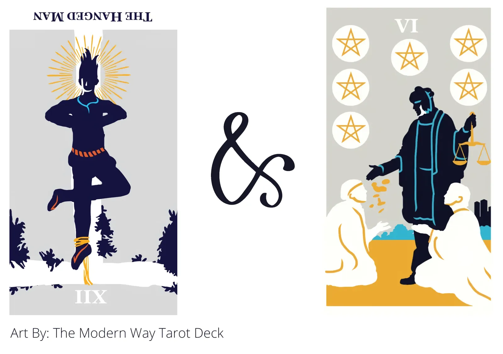 the hanged man reversed and six of pentacles tarot cards together