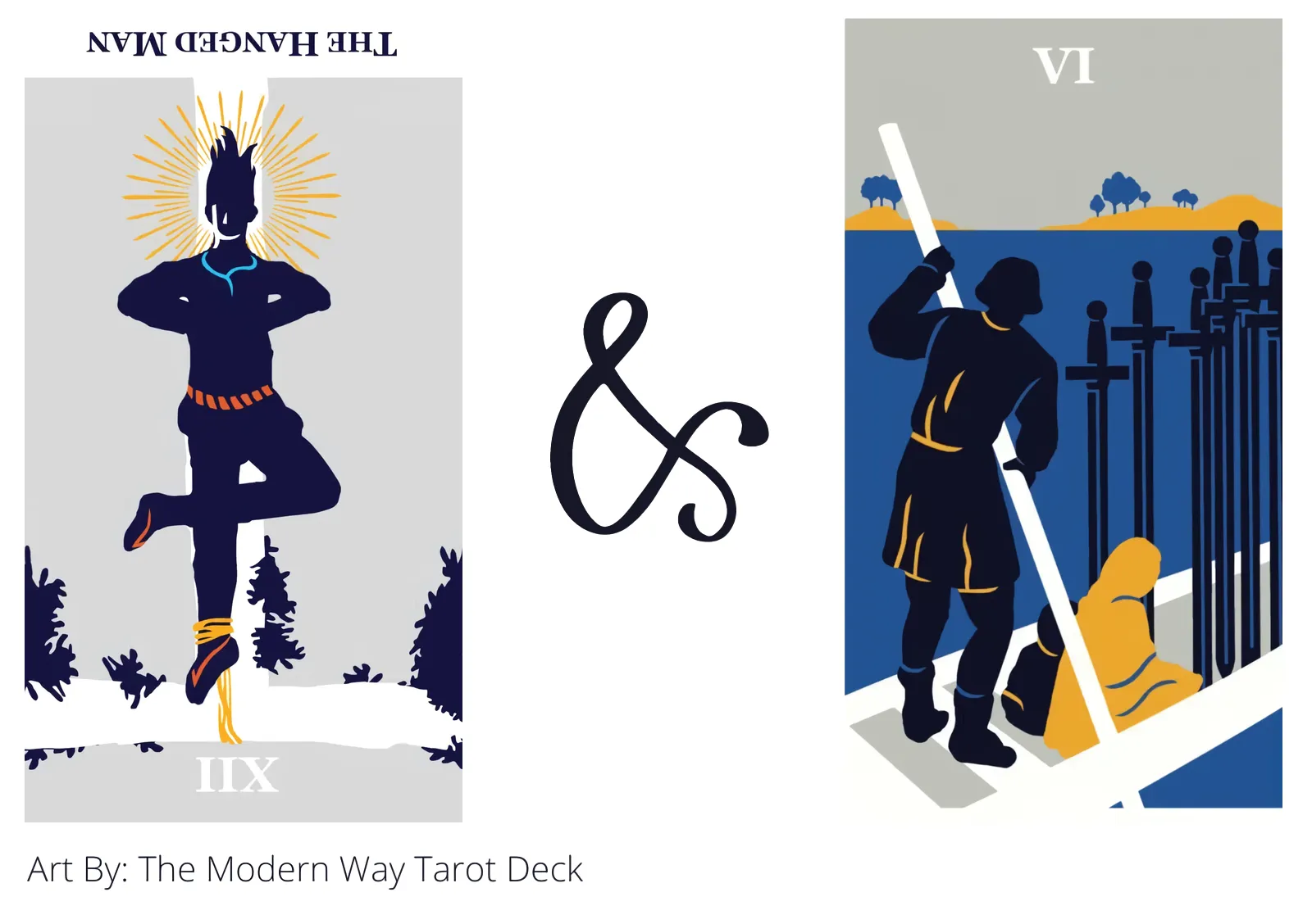 the hanged man reversed and six of swords tarot cards together