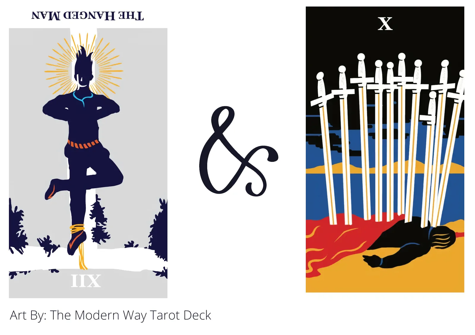 the hanged man reversed and ten of swords tarot cards together