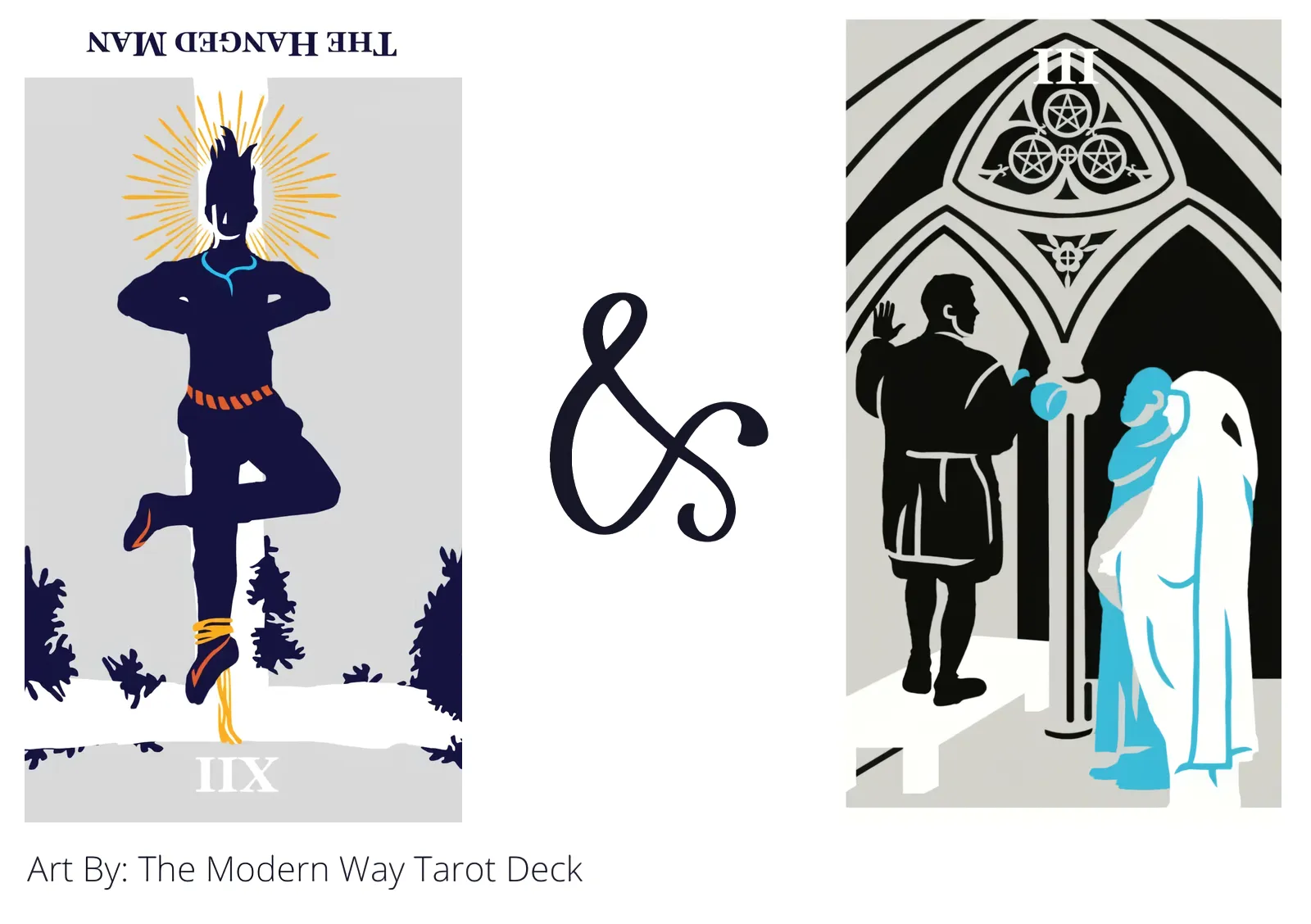 the hanged man reversed and three of pentacles tarot cards together