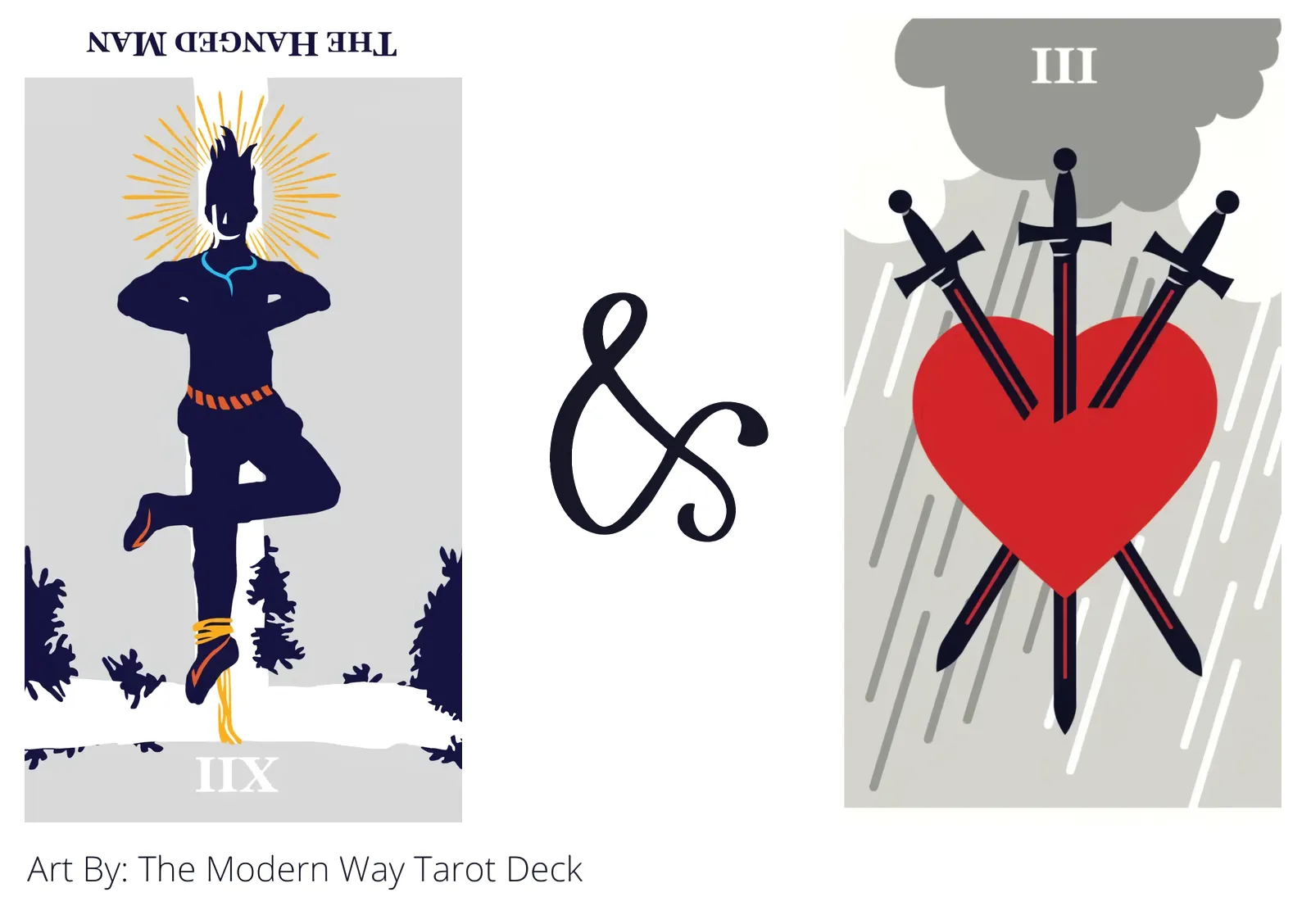 the hanged man reversed and three of swords tarot cards together
