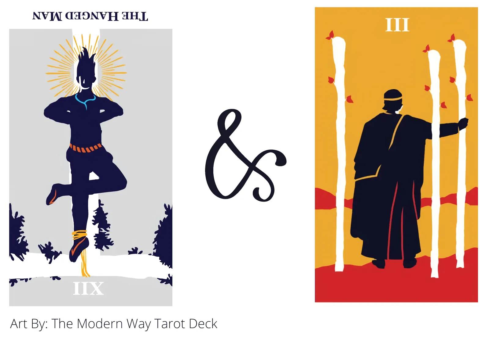 the hanged man reversed and three of wands tarot cards together