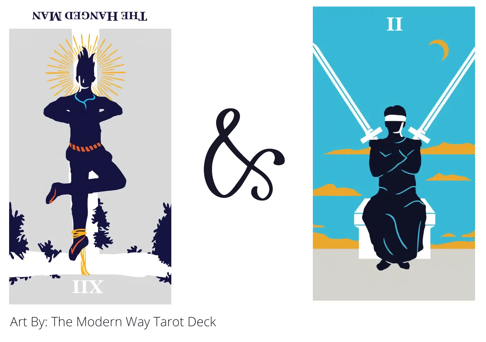 the hanged man reversed and two of swords tarot cards together