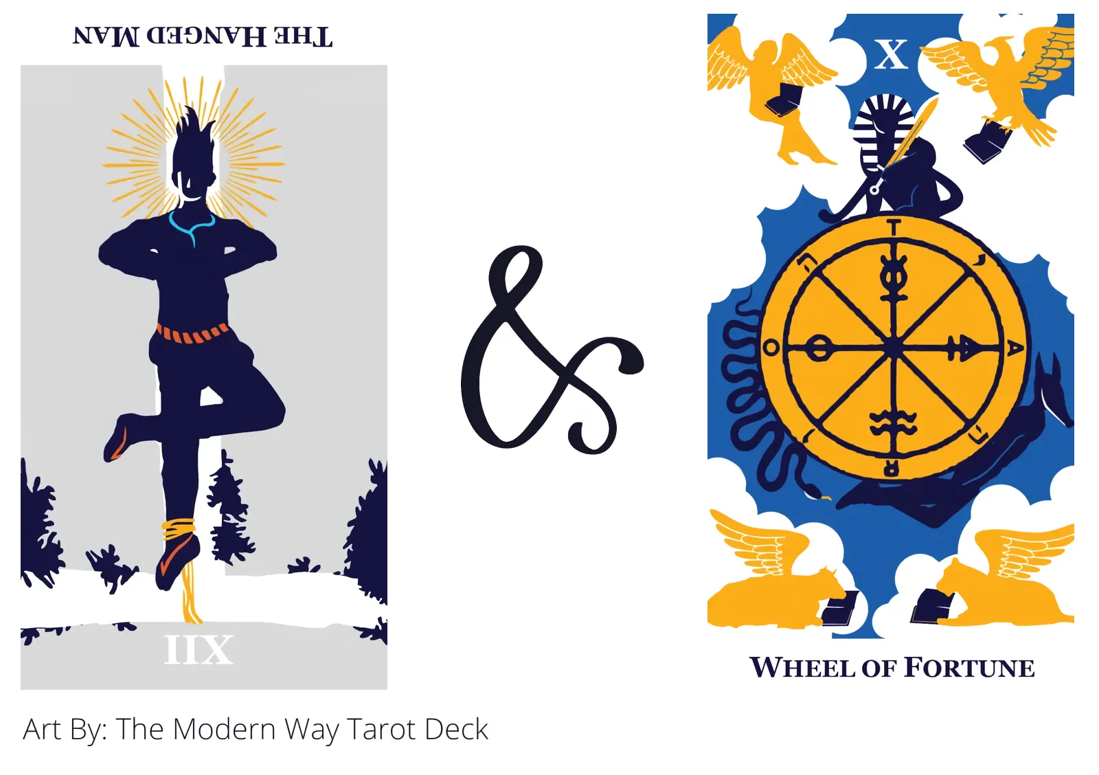 the hanged man reversed and wheel of fortune tarot cards together