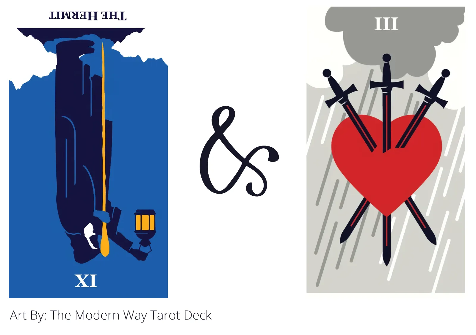 the hermit reversed and three of swords tarot cards together