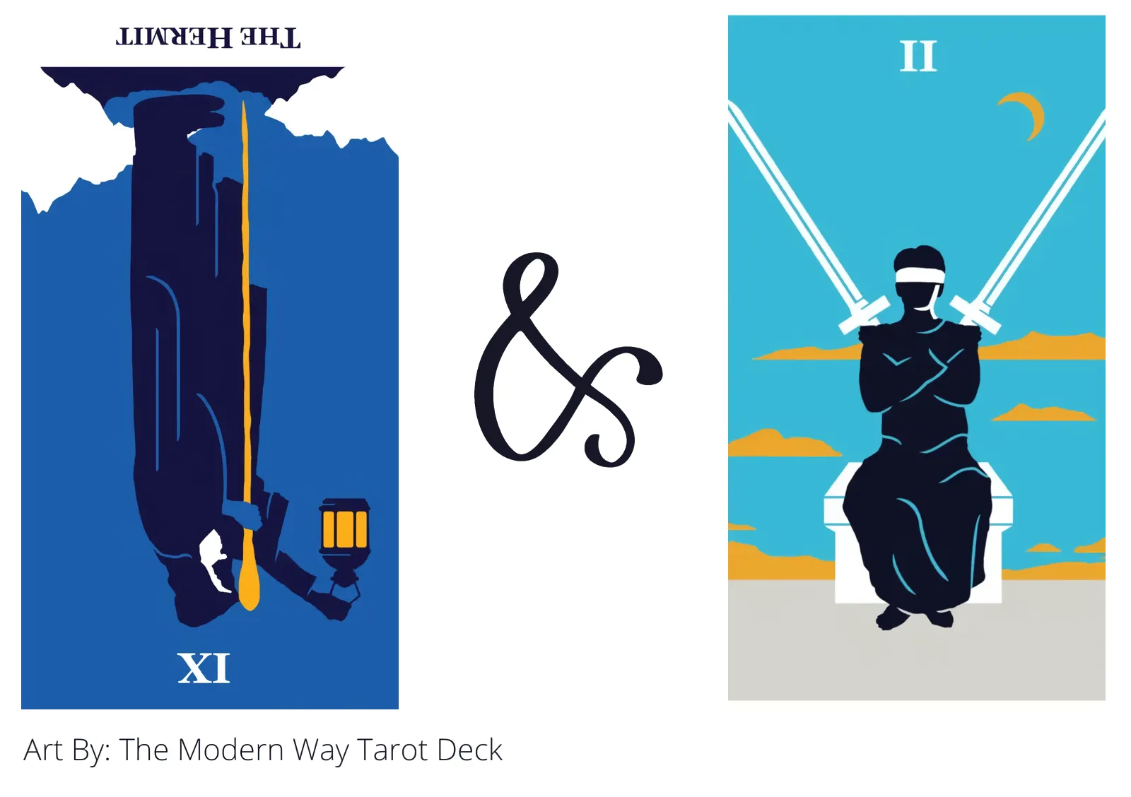 the hermit reversed and two of swords tarot cards together
