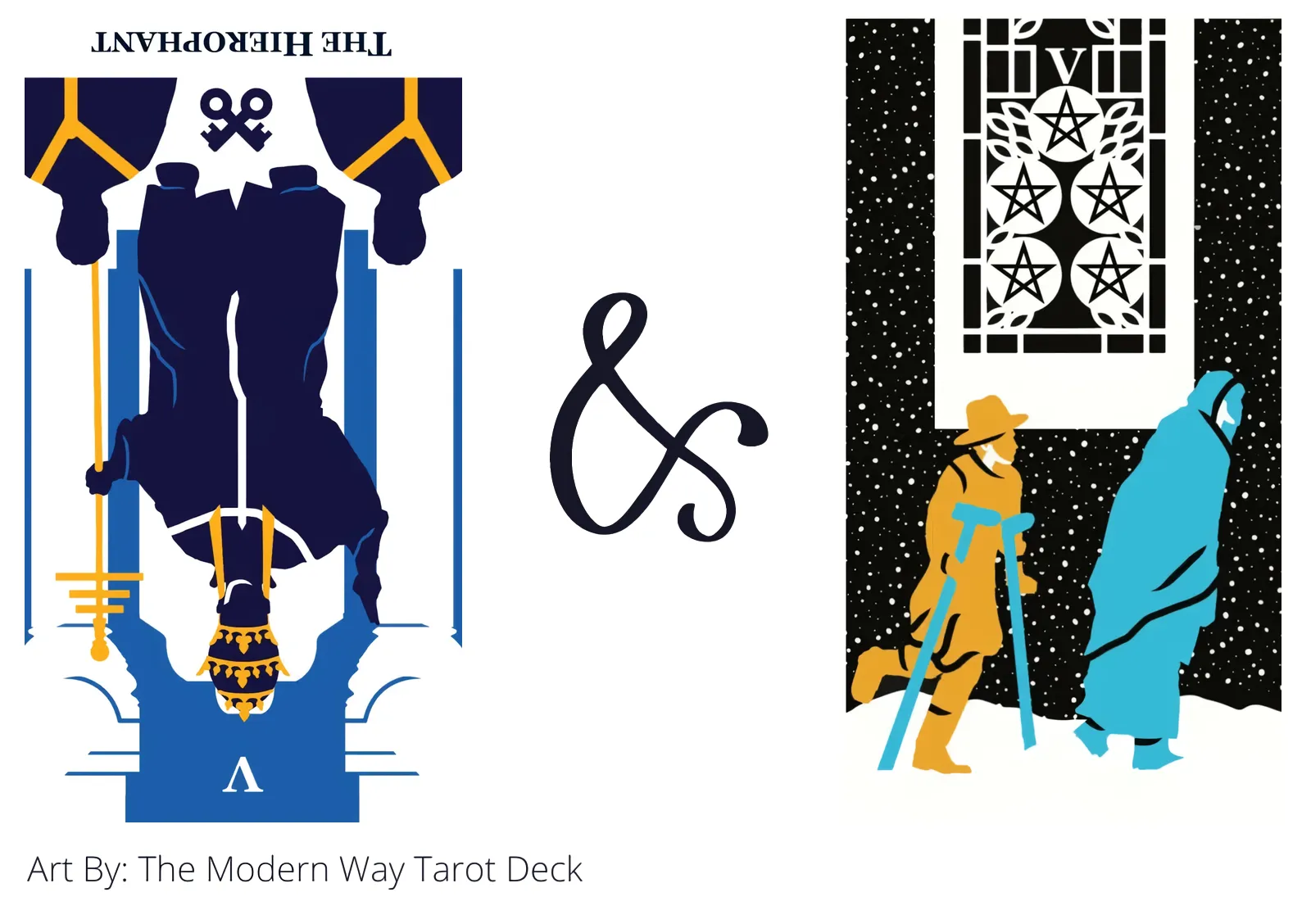 the hierophant reversed and five of pentacles tarot cards together
