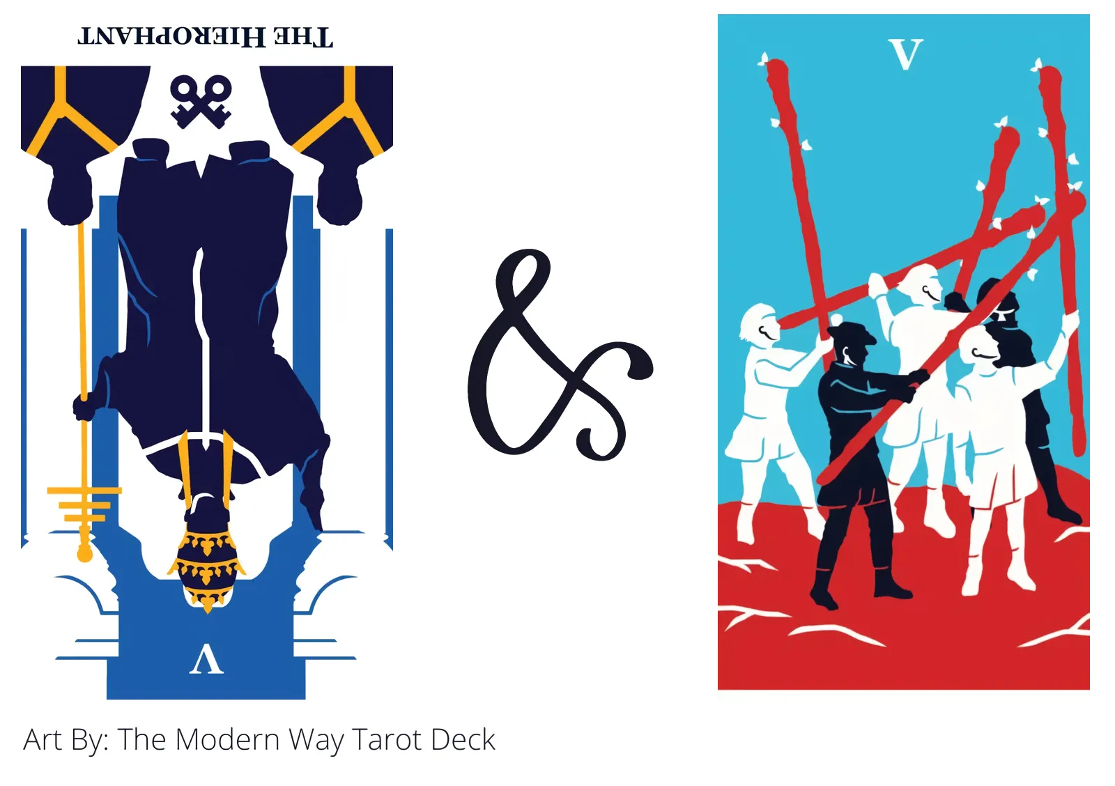 the hierophant reversed and five of wands tarot cards together