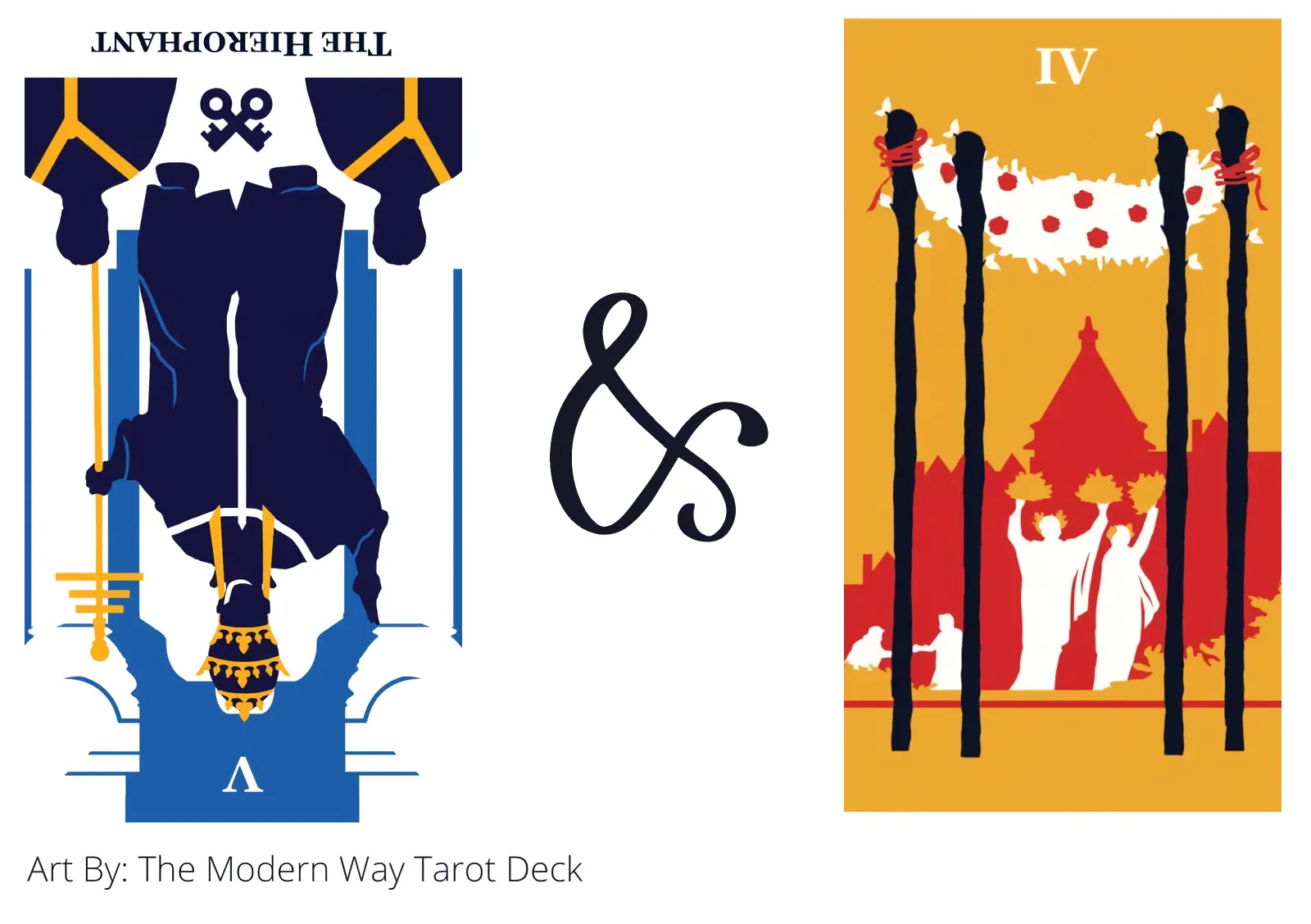 the hierophant reversed and four of wands tarot cards together