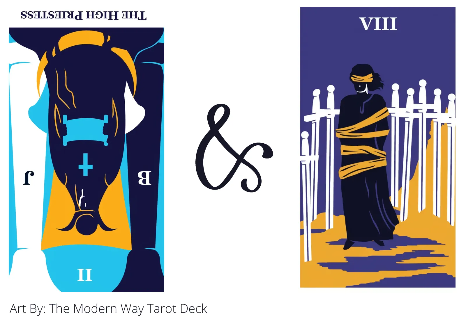 the high priestess reversed and eight of swords tarot cards together