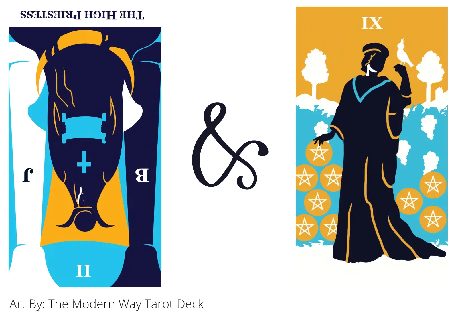 the high priestess reversed and nine of pentacles tarot cards together