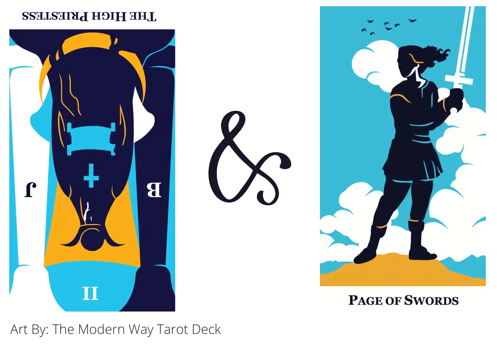 the high priestess reversed and page of swords tarot cards together