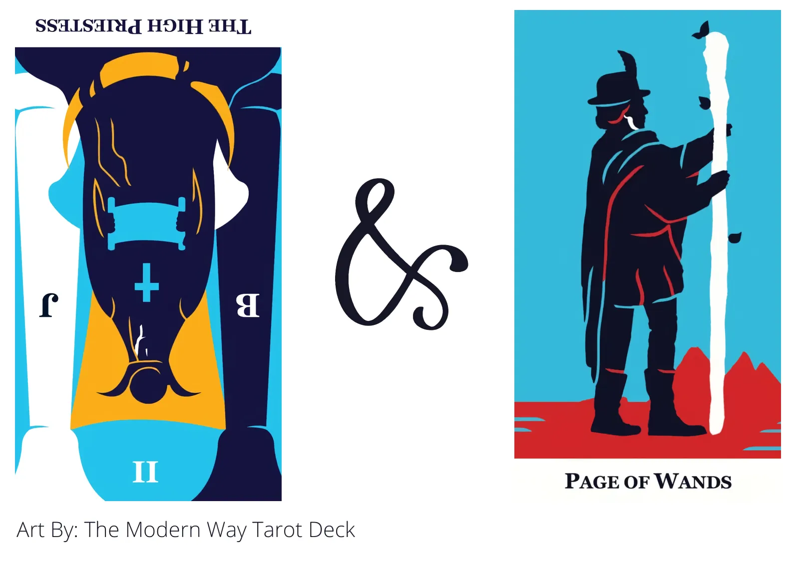 the high priestess reversed and page of wands tarot cards together