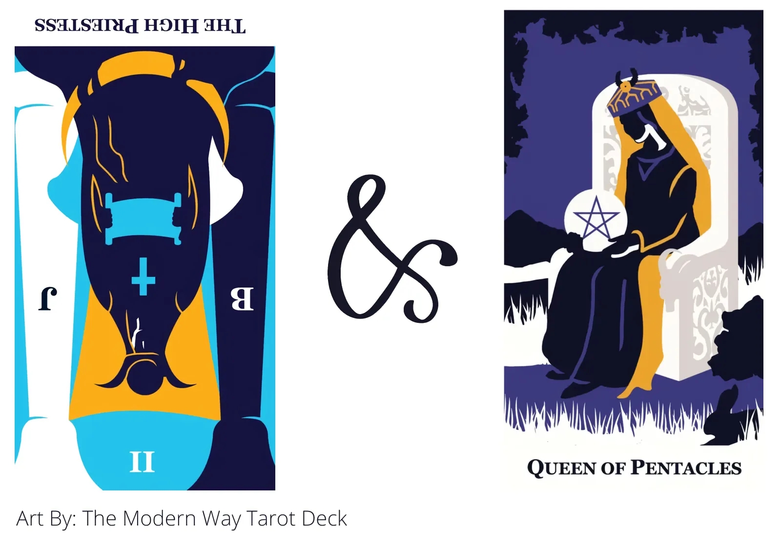the high priestess reversed and queen of pentacles tarot cards together