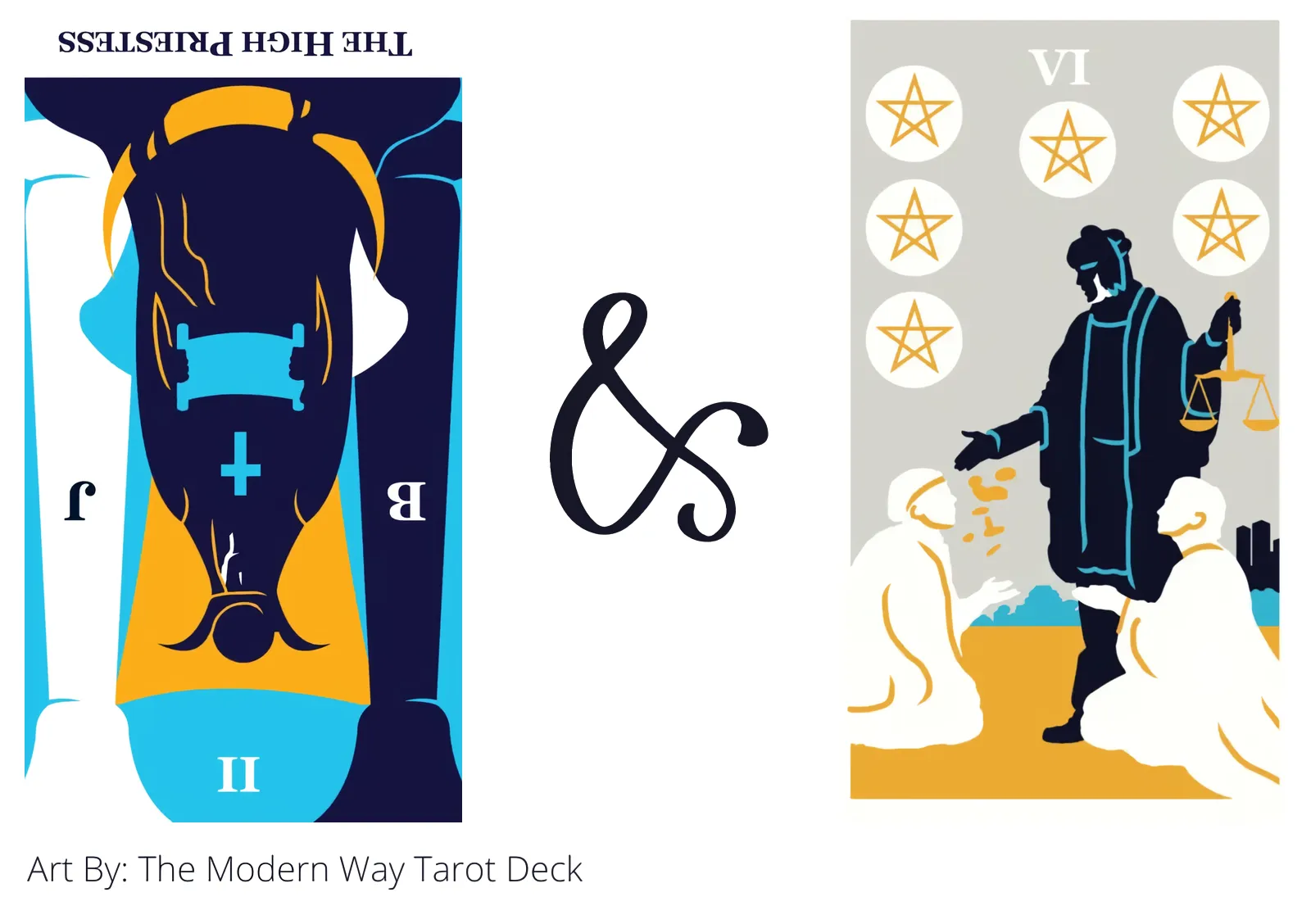 the high priestess reversed and six of pentacles tarot cards together