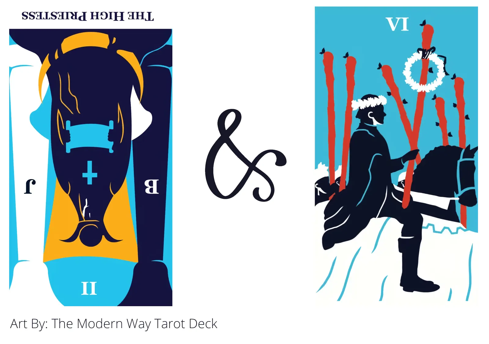 the high priestess reversed and six of wands tarot cards together