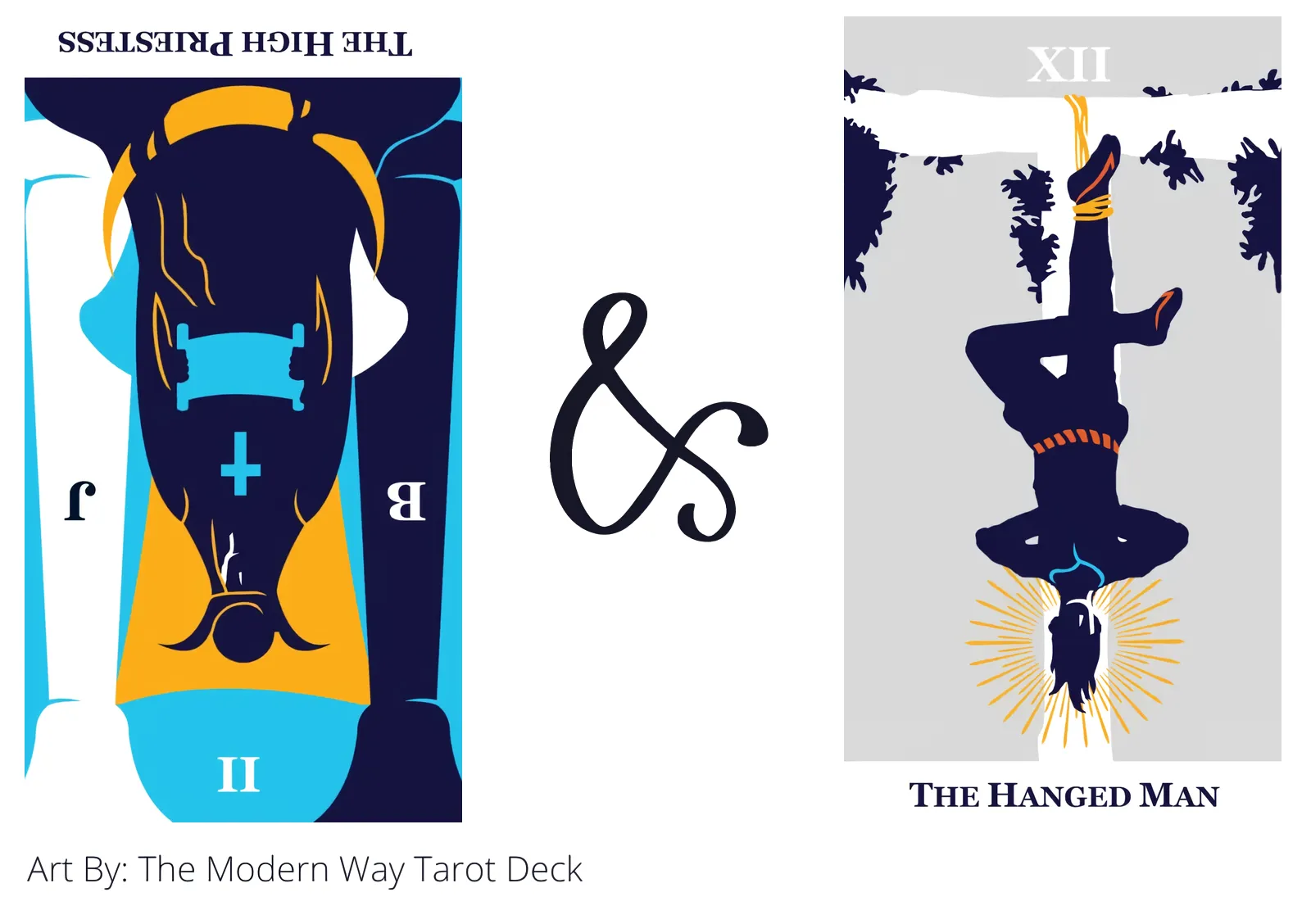 the high priestess reversed and the hanged man tarot cards together