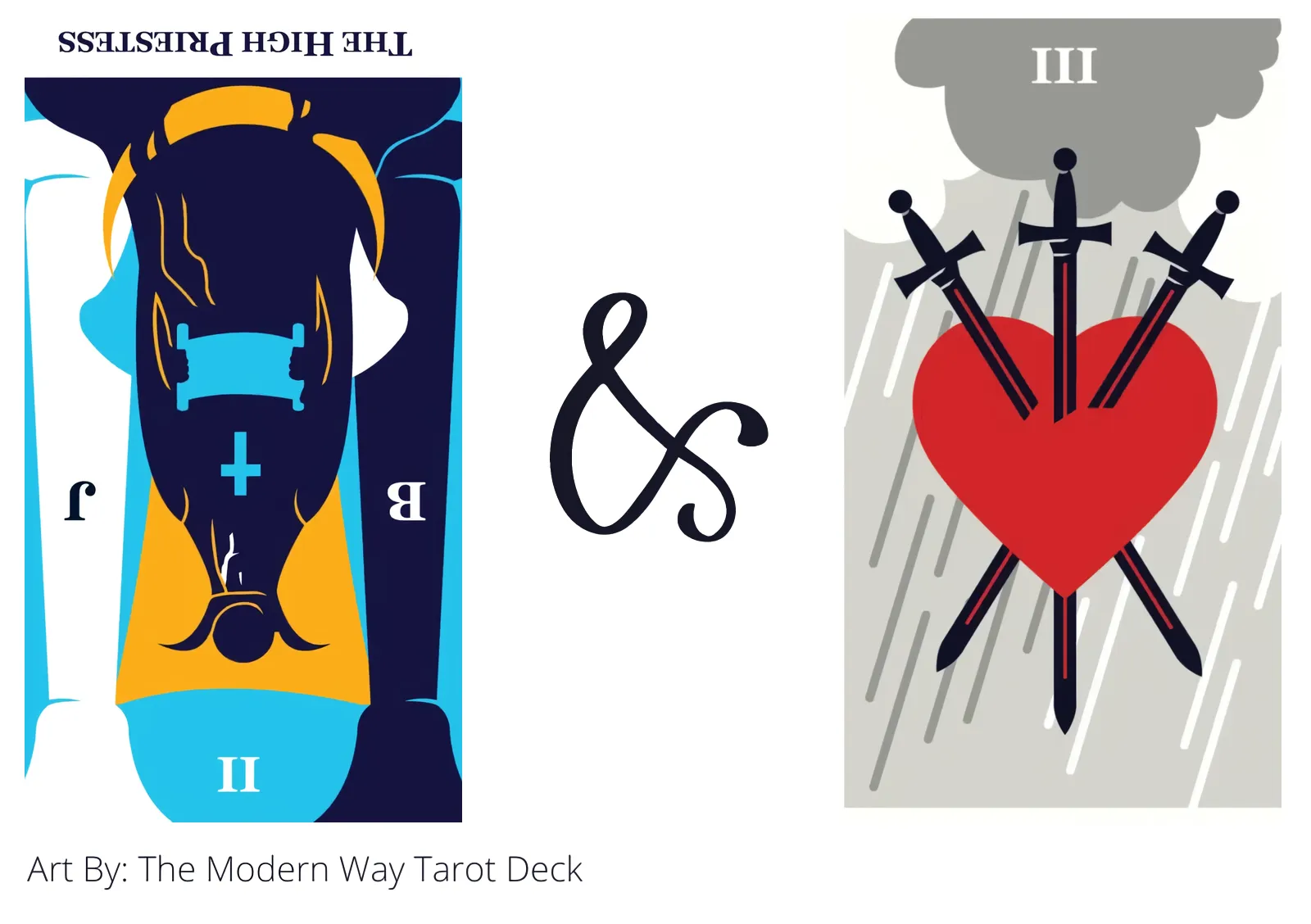 the high priestess reversed and three of swords tarot cards together