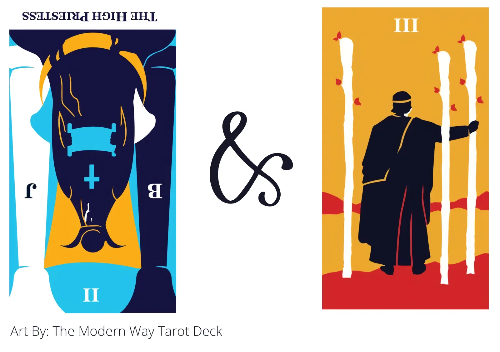 the high priestess reversed and three of wands tarot cards together