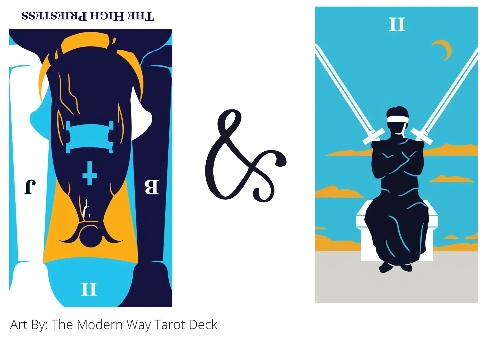 the high priestess reversed and two of swords tarot cards together