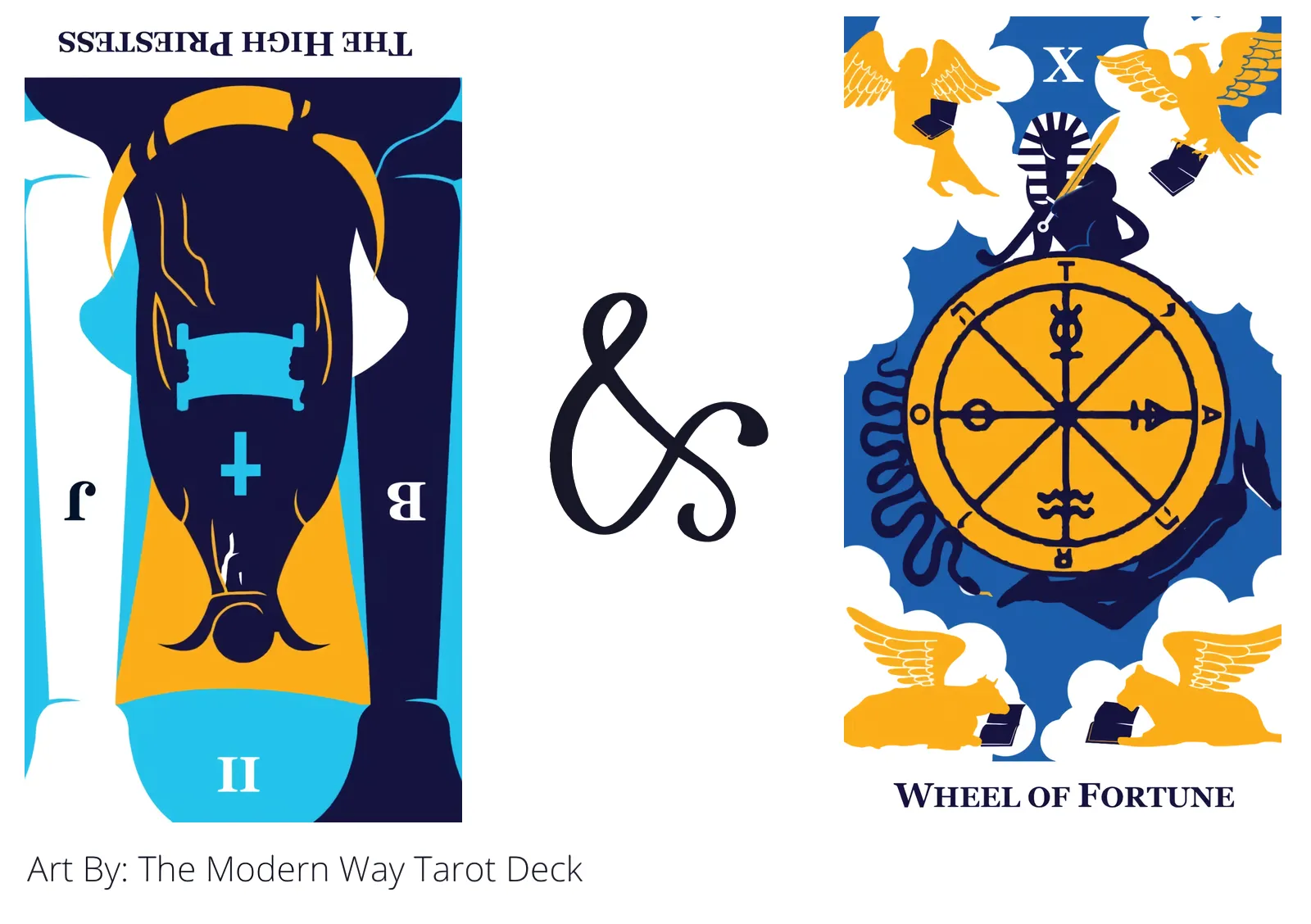the high priestess reversed and wheel of fortune tarot cards together