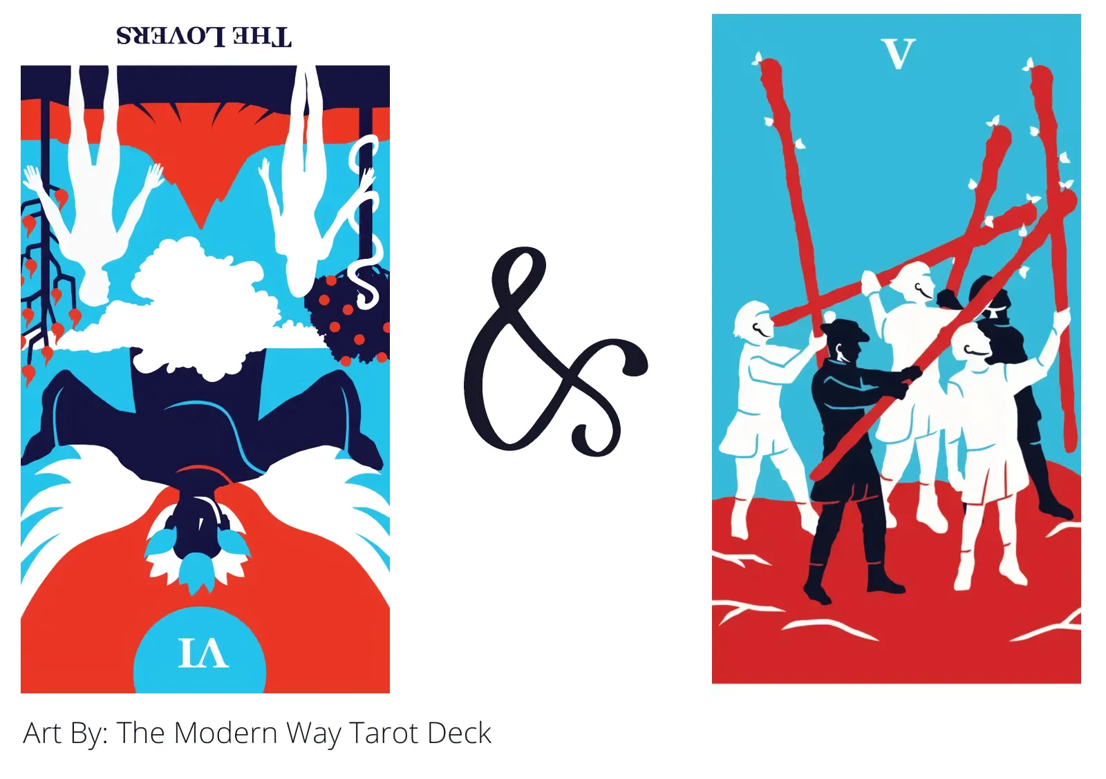 the lovers reversed and five of wands tarot cards together