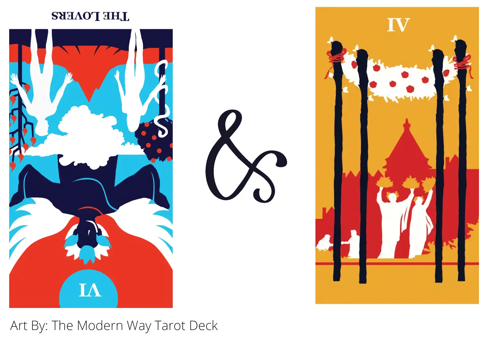 the lovers reversed and four of wands tarot cards together
