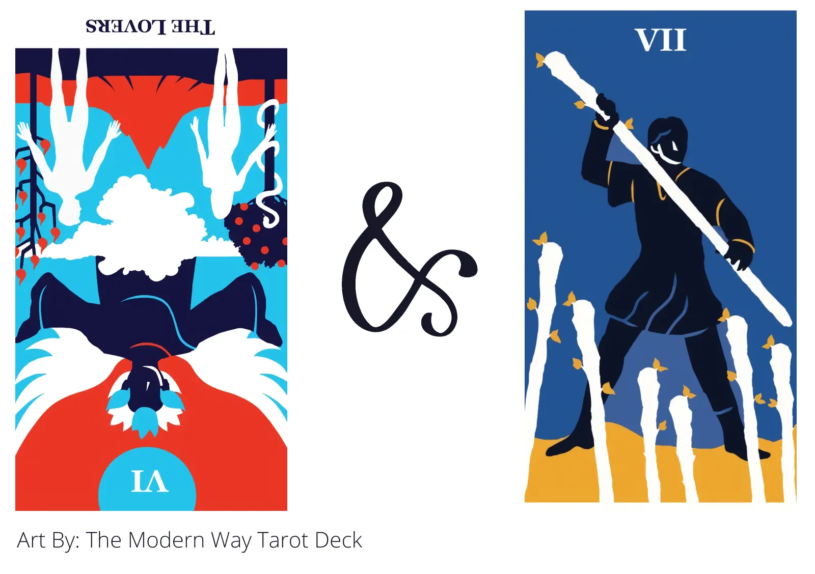 the lovers reversed and seven of wands tarot cards together