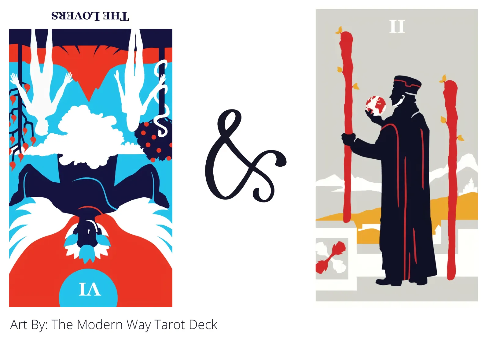 the lovers reversed and two of wands tarot cards together