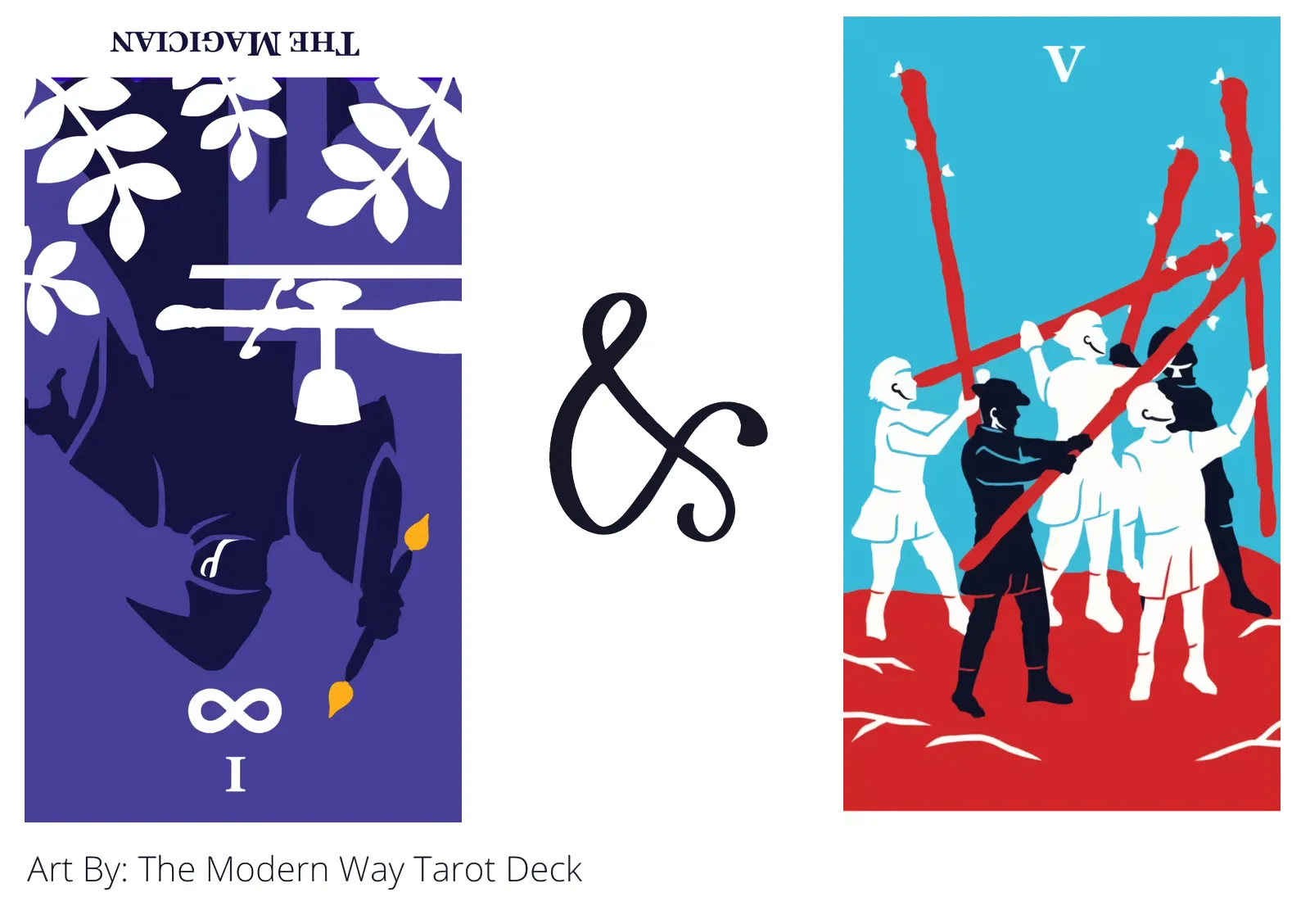 the magician reversed and five of wands tarot cards together