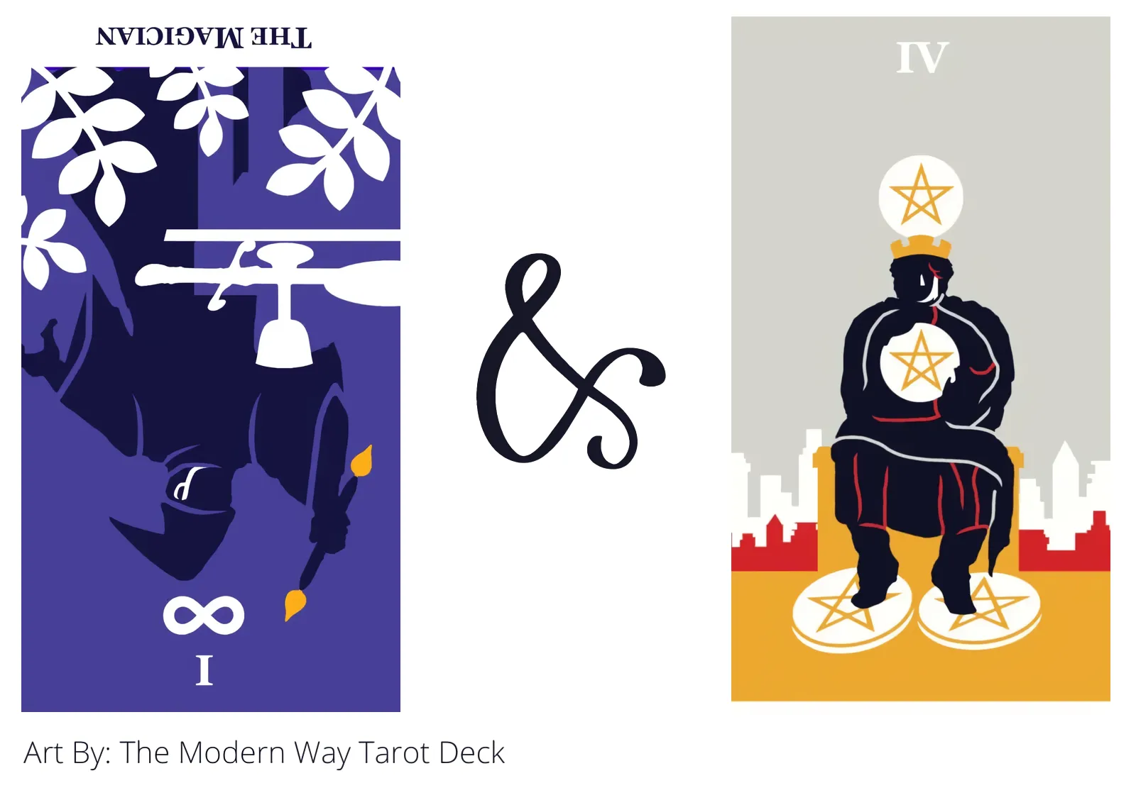 the magician reversed and four of pentacles tarot cards together
