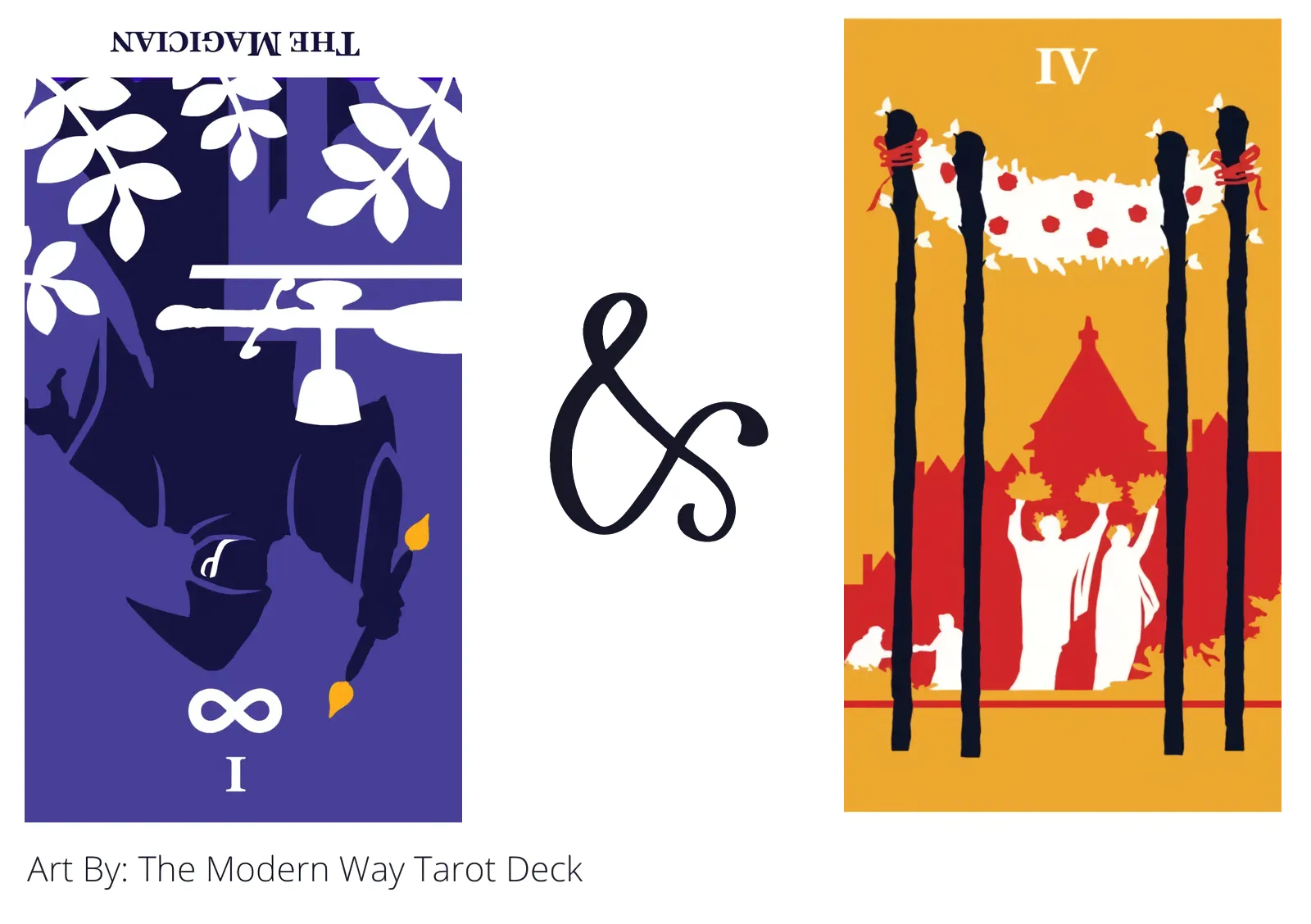 the magician reversed and four of wands tarot cards together
