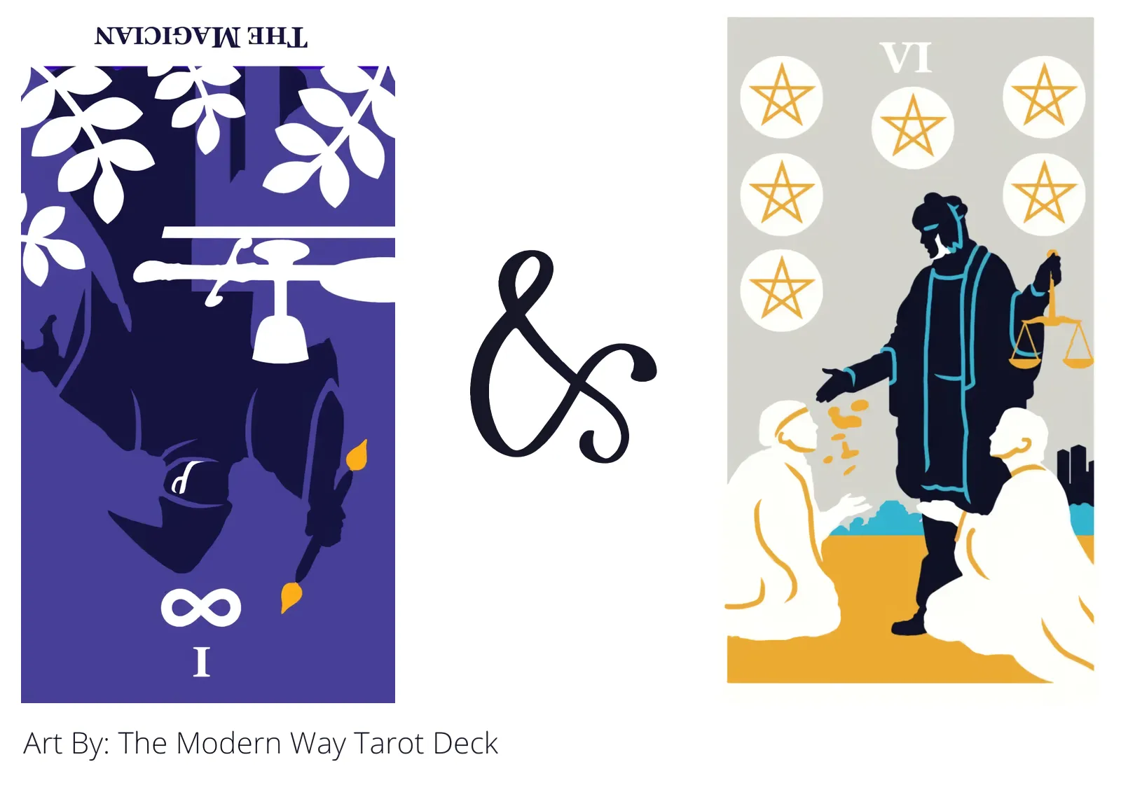 the magician reversed and six of pentacles tarot cards together