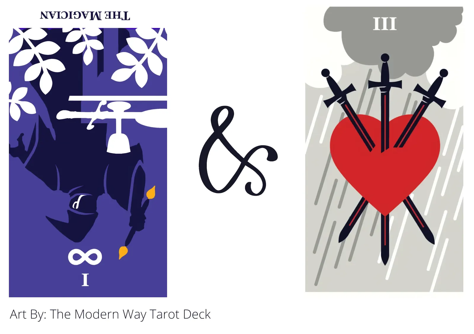 the magician reversed and three of swords tarot cards together