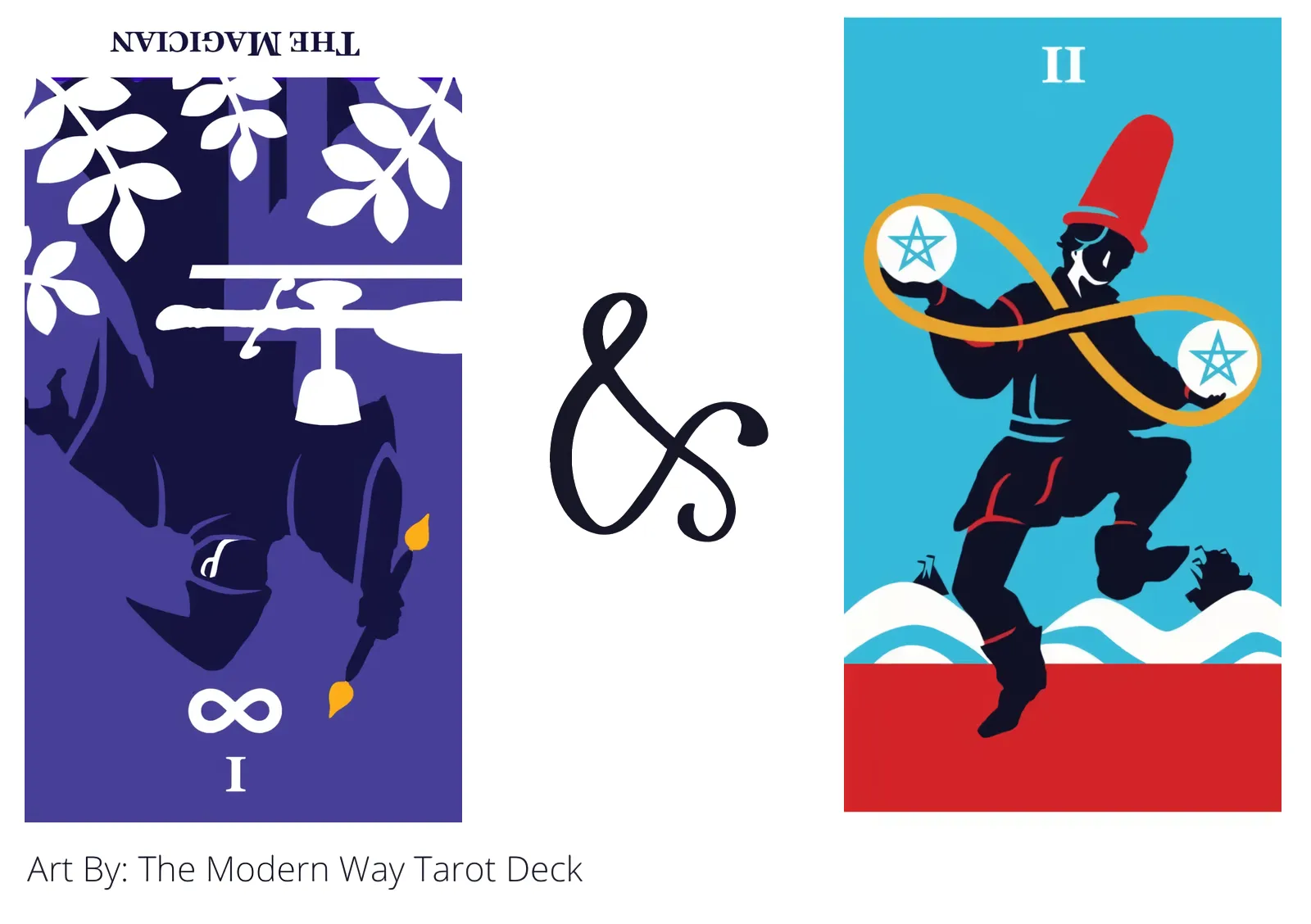 the magician reversed and two of pentacles tarot cards together