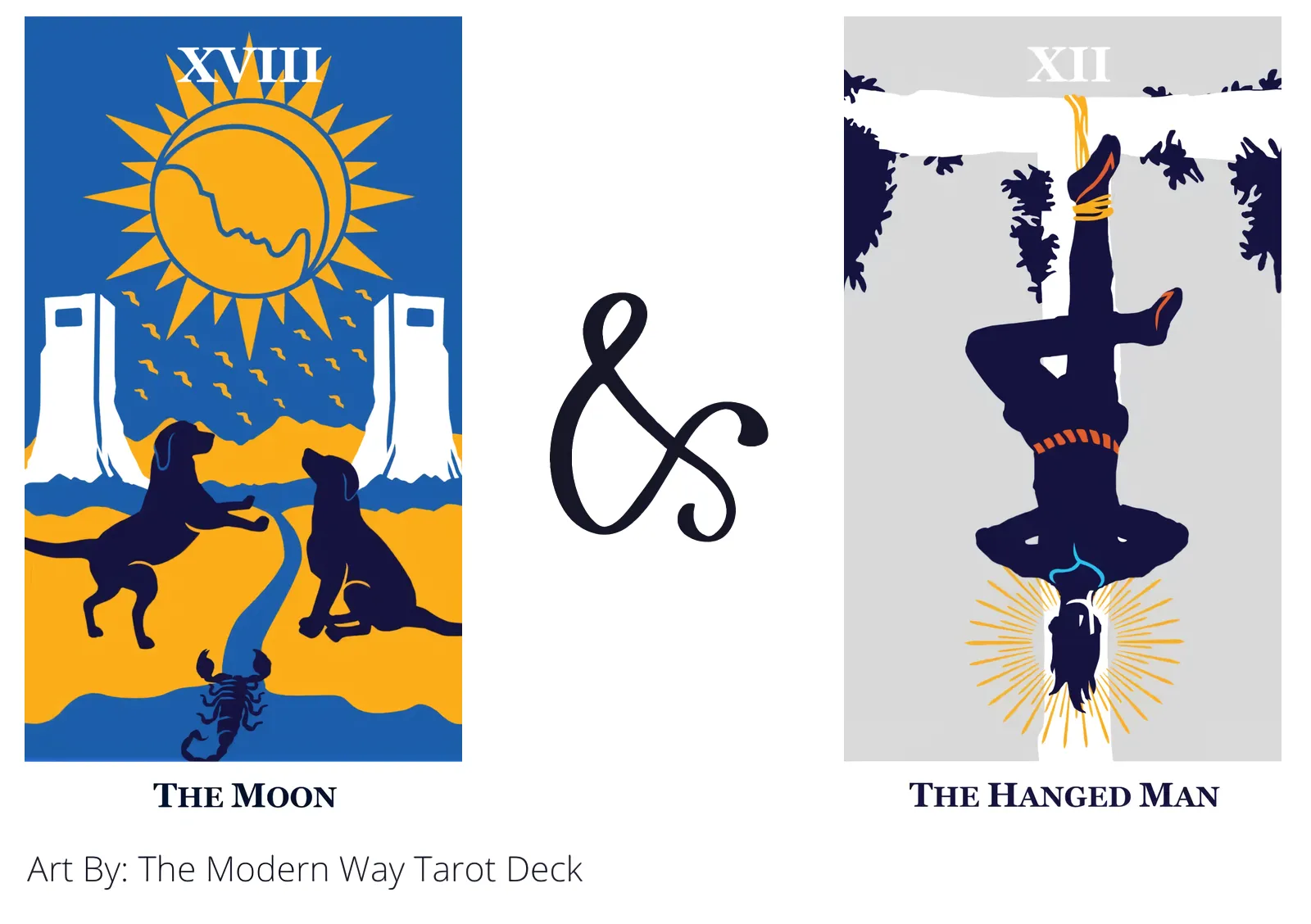 the moon and the hanged man tarot cards together