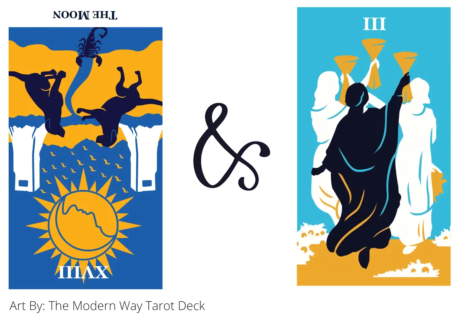 the moon reversed and three of cups tarot cards together