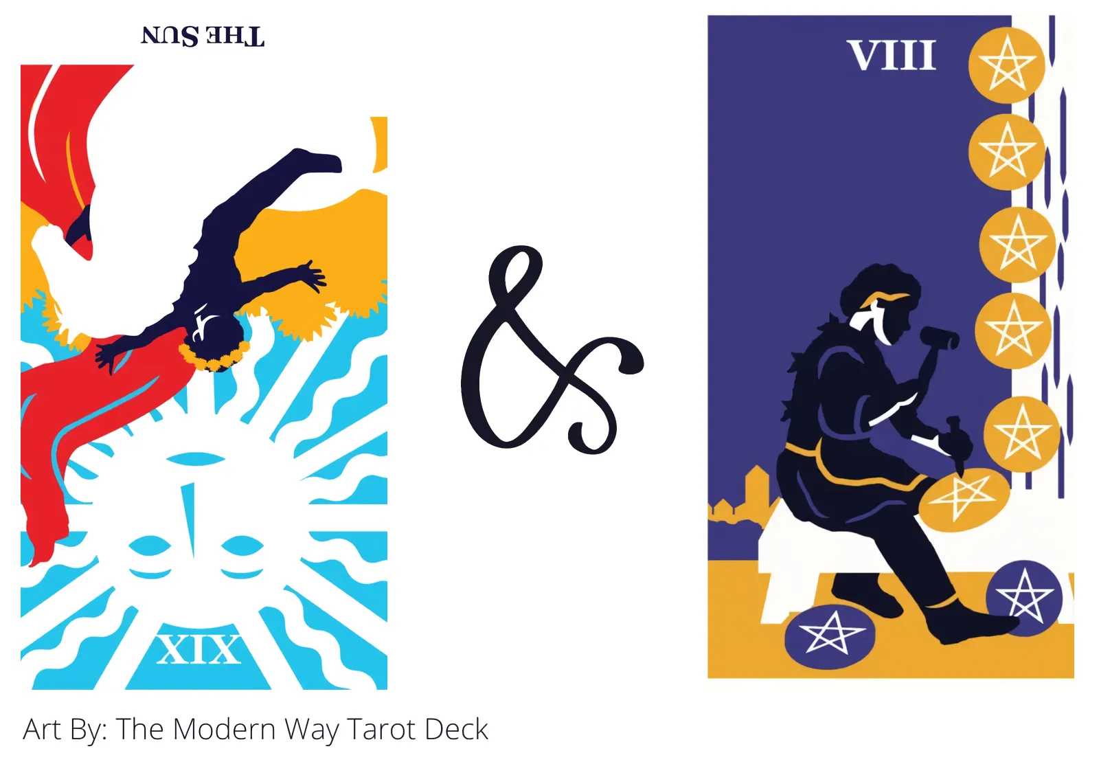the sun reversed and eight of pentacles tarot cards together