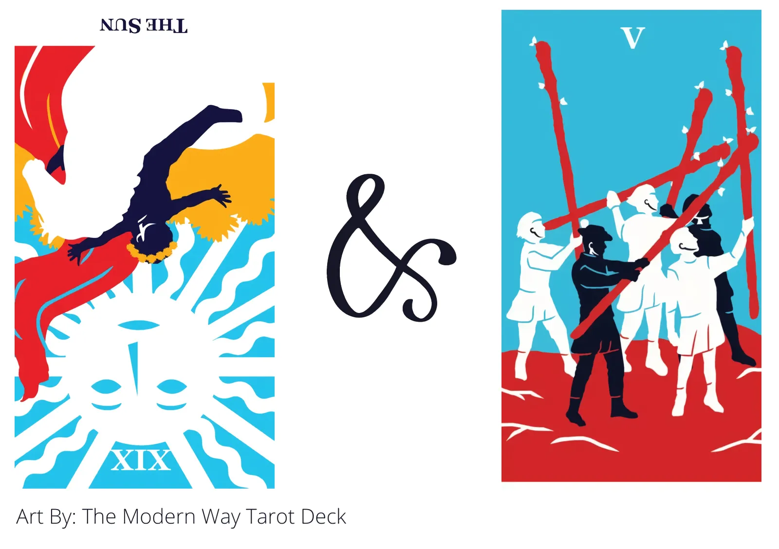 the sun reversed and five of wands tarot cards together