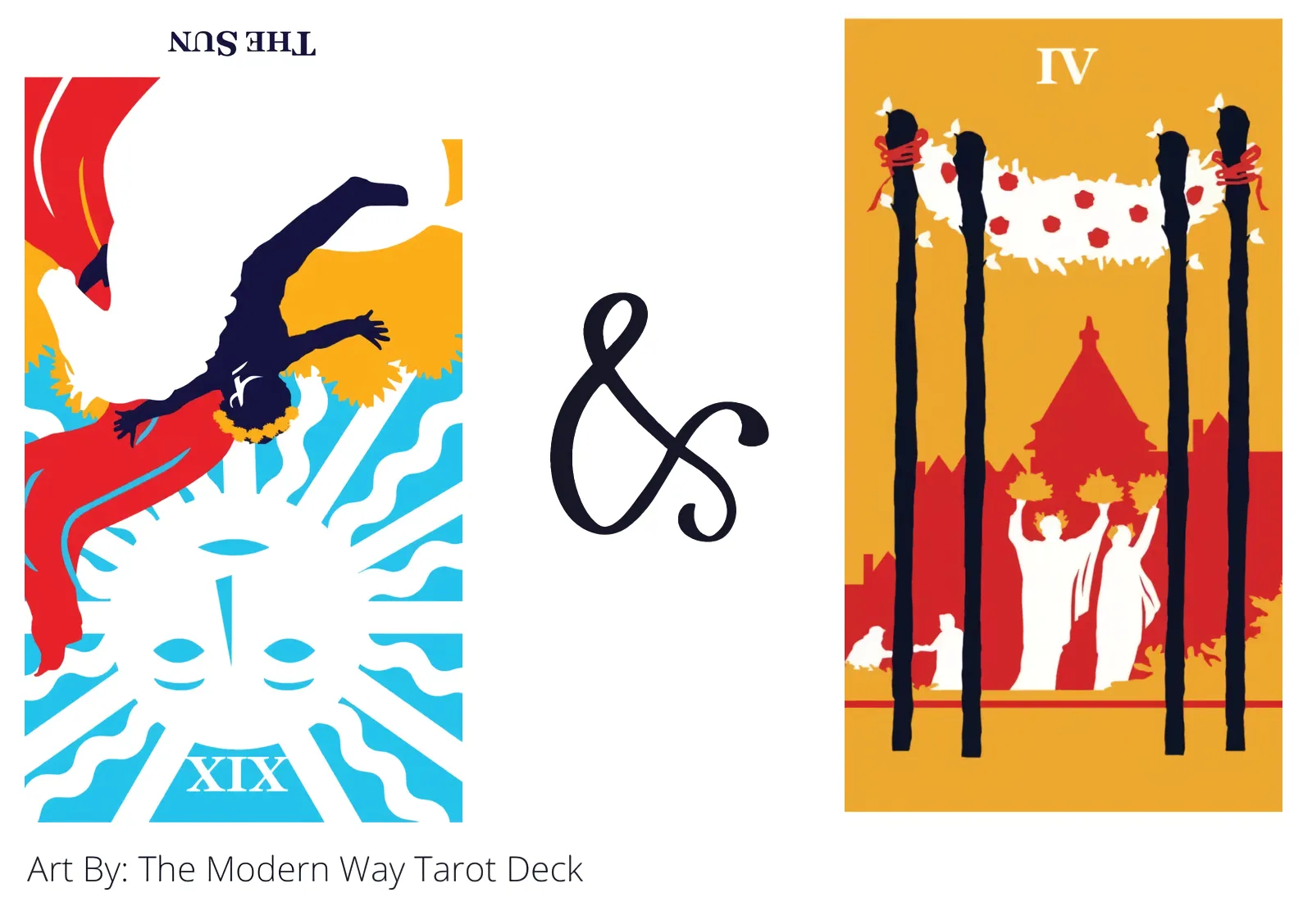 the sun reversed and four of wands tarot cards together