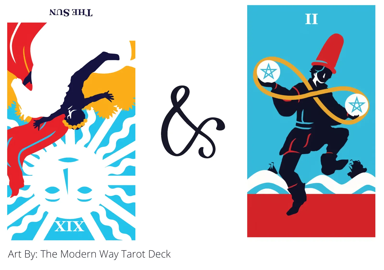 the sun reversed and two of pentacles tarot cards together