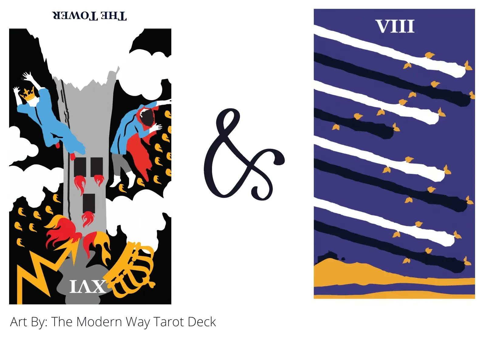 the tower reversed and eight of wands tarot cards together