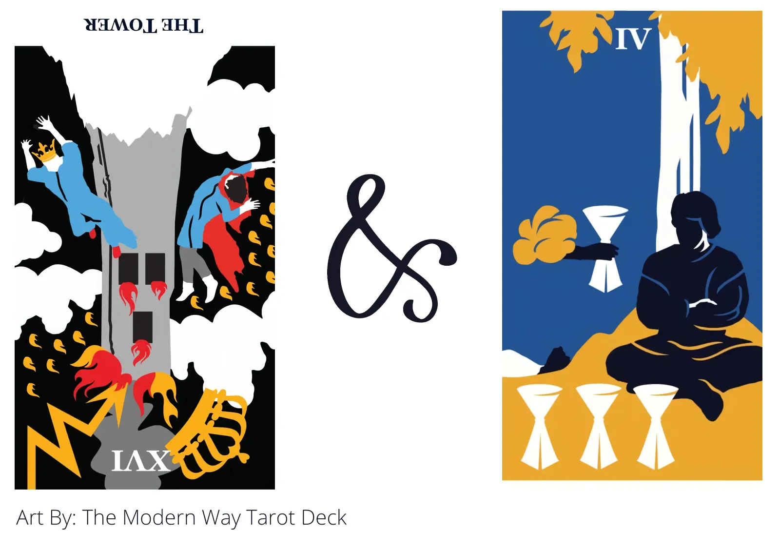 the tower reversed and four of cups tarot cards together