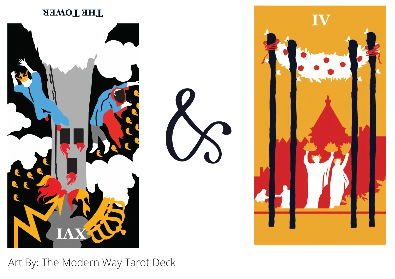 the tower reversed and four of wands tarot cards together