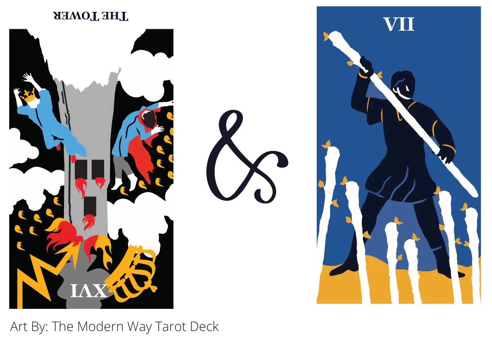 the tower reversed and seven of wands tarot cards together