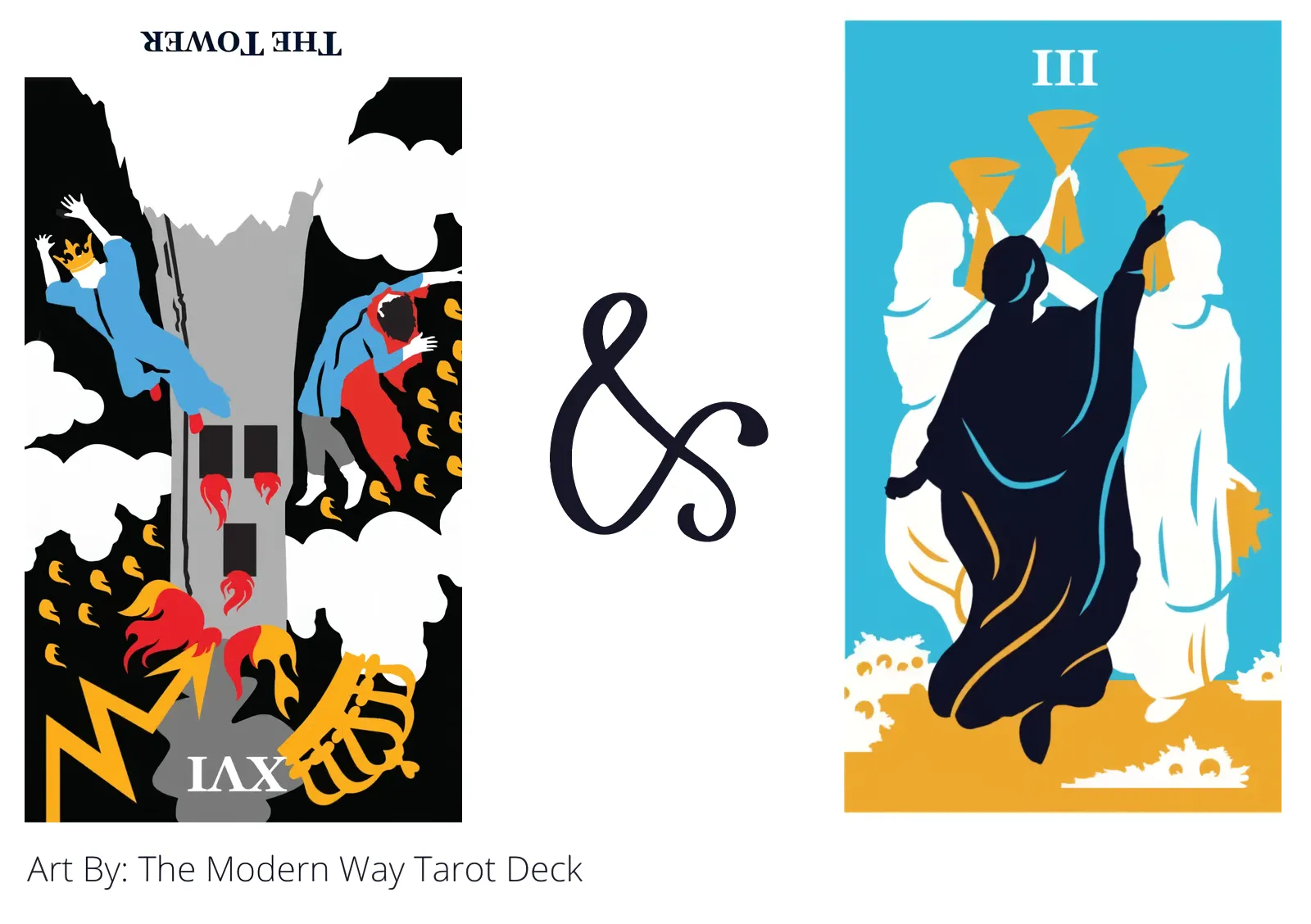 the tower reversed and three of cups tarot cards together