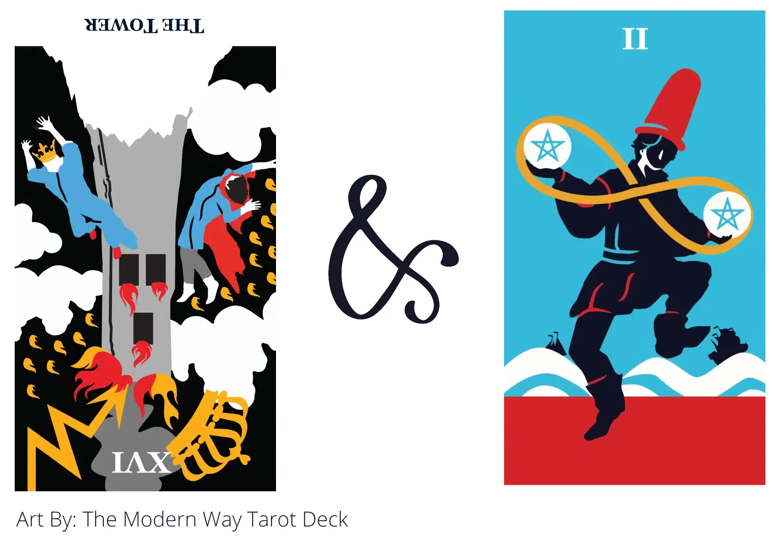 the tower reversed and two of pentacles tarot cards together
