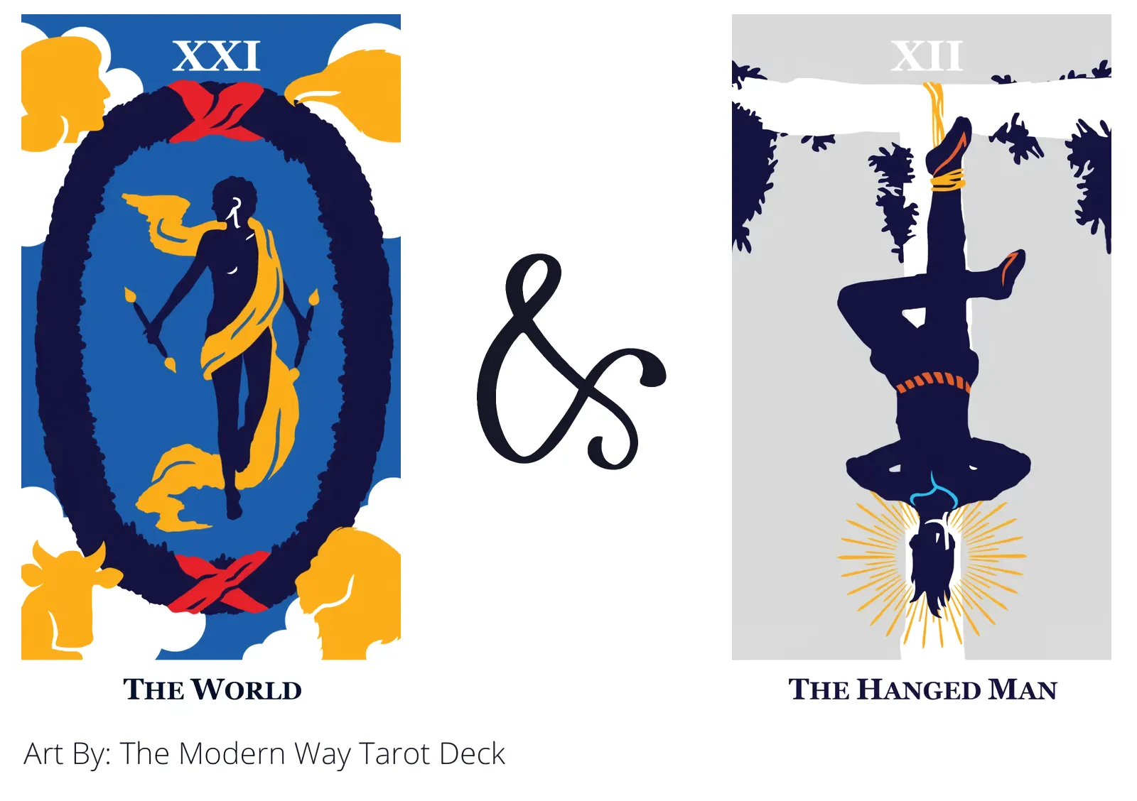 the world and the hanged man tarot cards together