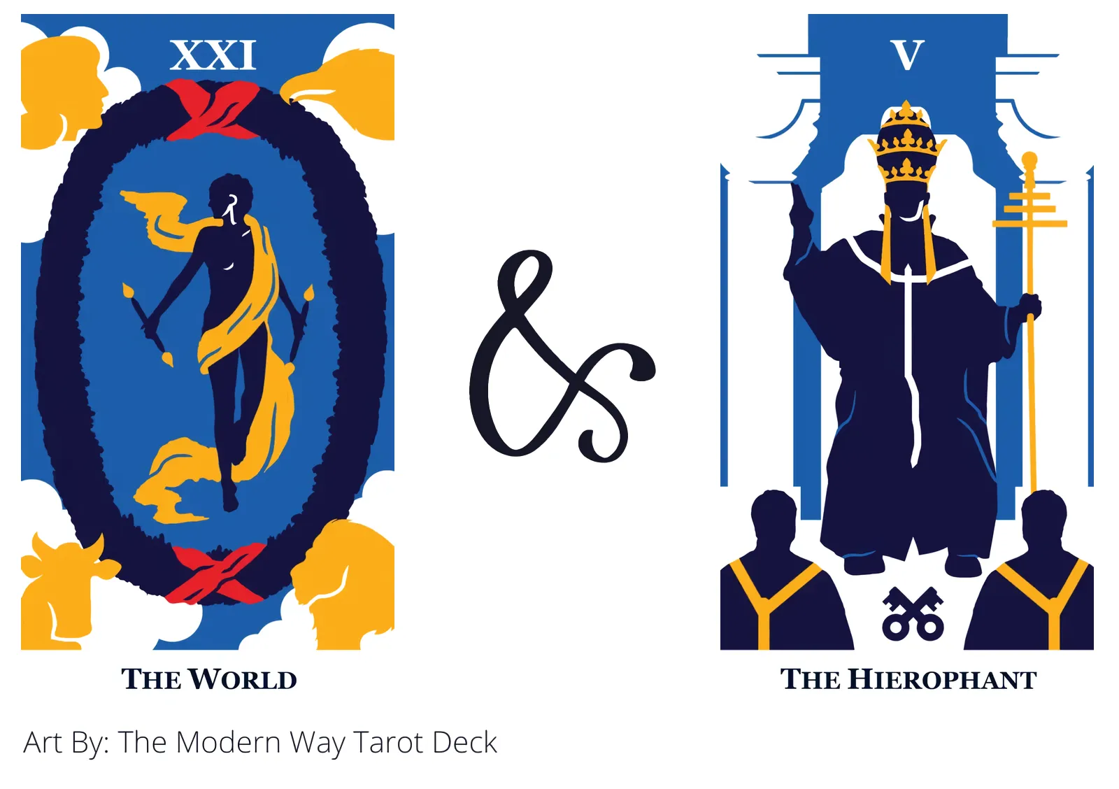 the world and the hierophant tarot cards together